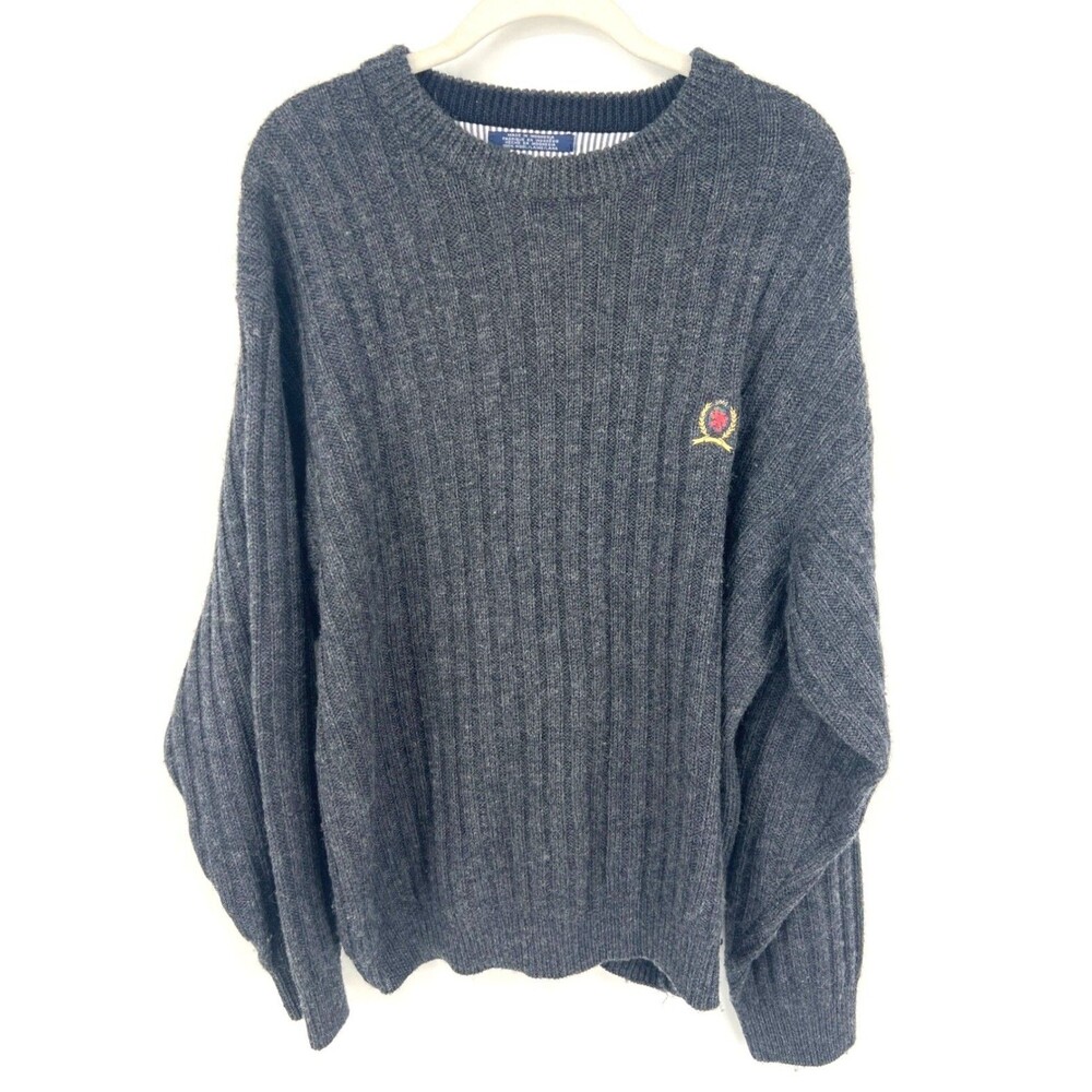 Vintage Tommy Hilfiger Mens 100% Wool Cable Knit Sweater Size Medium Grey